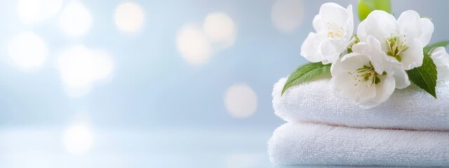  A single white towel with a flower atop it rests on the higher stack of white towels
