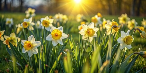 Vibrant yellow and white daffodils bloom in a lush green spring meadow, basking in warm sunlight, capturing the essence of hope and renewal in nature's beauty.