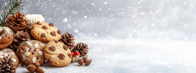  A pile of cookies next to a pile of pine cones on a snow-covered ground