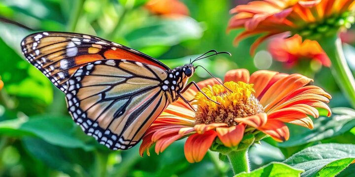 Delicate monarch butterfly perches on vibrant orange tithonia flower, its intricate wings glisten in late summer sun as it fuels up for migration journey.