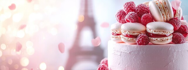  A tight shot of a cake adorned with raspberries atop, Eiffel Tower in backdrop