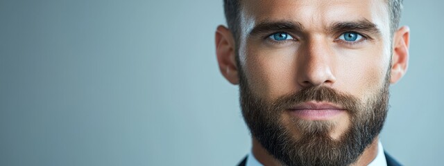 Fototapeta premium A tight shot of a man in a suit and tie, his beard framing a gaze into the camera, pierced by blue eyes