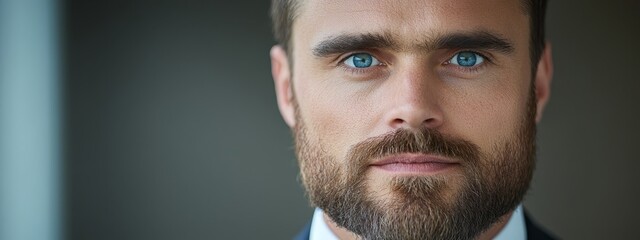 Obraz premium A tight shot of a bearded man in a suit and tie, his blue eyes intense and gaze serious