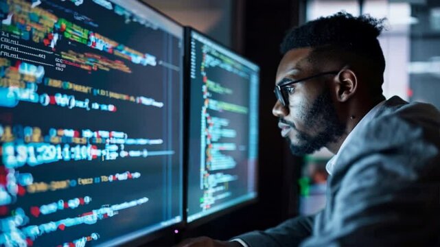 A man is working on a computer with two monitors, one of which is displaying a code. He is wearing glasses and he is focused on his work