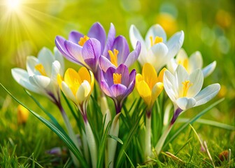 Fototapeta premium Delicate, vibrant Crocus flowers bloom in shades of purple and yellow, surrounded by lush greenery, in a beautiful, dreamy watercolor illustration.