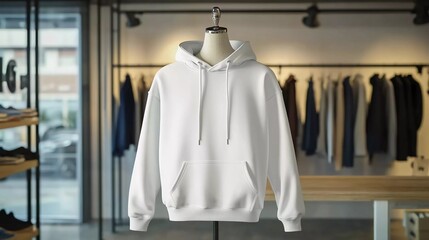 mock up of plain white hoodie in shop displayed on mannequin, very beautiful mannequin standing in front of clothes rack