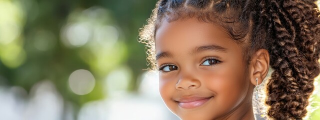 Fototapeta premium A child's smiling face, in tight focus, with a tree behind it