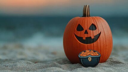 Pirate Pumpkin with Treasure Chest on Beach at Dusk - Cartoon Style Halloween Concept with Copy Space, Selective Focus, Ultra HD