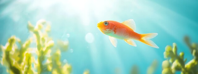 Fototapeta premium A goldfish swims before an aquarium backdrop of seaweed in the foreground and a vibrant blue sky in the background