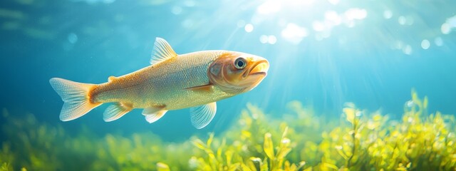 Naklejka premium A tight shot of a fish swimming in water, surrounded by submerged grass in the foreground and sunlight filtering through the surface in the background
