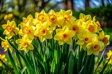 Obraz premium Vibrant yellow daffodils in full bloom, gathered in a lush bunch, sway gently in the breeze against a soft, serene, and slightly blurred natural background.