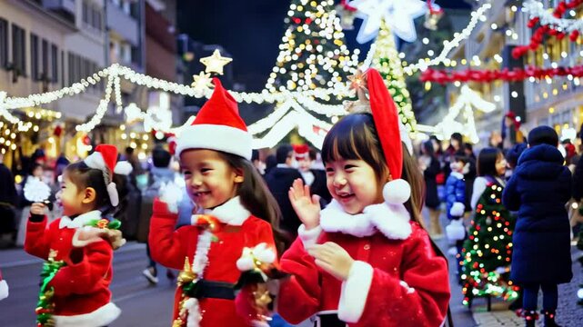 Children dressed in red Santa suits happily participate in a festive parade at a Christmas market