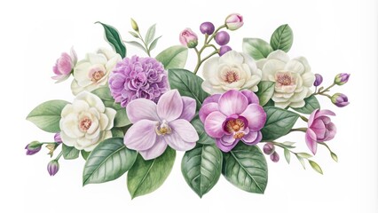 Delicate watercolor illustration of camellia and phalaenopsis orchid flowers in soft pastel hues, blending elegance and sophistication in a whimsical artistic expression.
