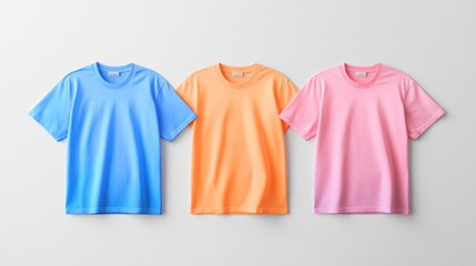 Vibrant colored t-shirts displaying a mix of blue, orange, and pink hues against a light background. Perfect for casual wear.