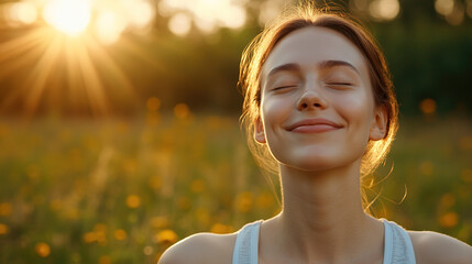 Portrait of a young woman in athletic gear experiencing the warmth of the sun in a park, eyes shut and head tilted up. High-detail 4K close-up of her peaceful moment during outdoor yoga or running.