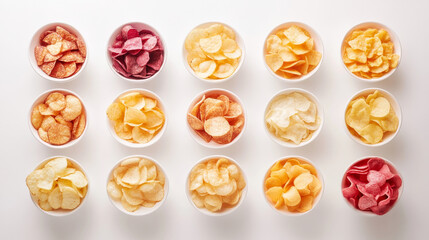 Variety of potato chips in different flavors arranged in bowls on a white background, seen from above.