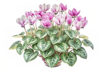 Delicate, hand-painted cyclamen bloom in soft, dreamy hues, showcasing intricate petals and lush foliage in an exquisite, highly detailed watercolor botanical illustration.