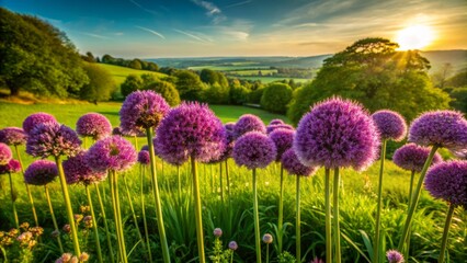 Fototapeta premium Vibrant purple Giant Alliums bloom in a lush green meadow, capturing the essence of summer in the picturesque Cotswolds countryside near Gloucester, England.