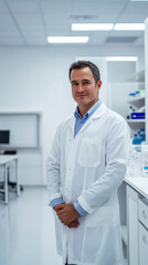 Fototapeta premium A professional portrait of a doctor in a lab coat, standing in a sterile, modern clinic, with medical equipment subtly in view