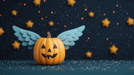 Enchanting 3D Pumpkin with Wings Soaring Through Starry Night Sky with Sparkle Trail - Ultra HD with Copy Space