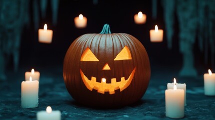 Obraz premium Mystical Pumpkin Ritual in Spooky Cave with Floating Candles - Halloween Fantasy Concept