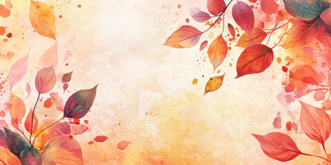 Autumn-themed watercolor background with vibrant red, orange, and yellow leaves scattered across a warm, textured backdrop.