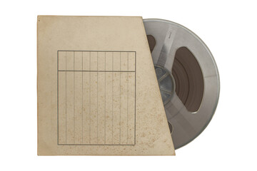 Old magnetic audio reel in the cardboard box isolated