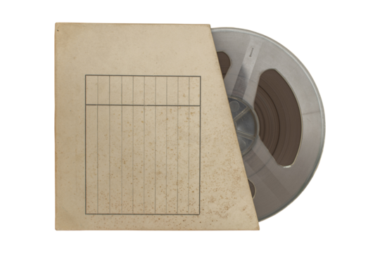 Old magnetic audio reel in the cardboard box isolated