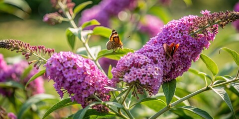 Vibrant purple butterfly bush flowers bloom in a lush green meadow, attracting butterflies and bees on a warm sunny day with soft focus background.