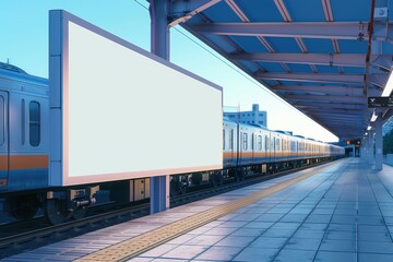 A train is parked at a station with a large white billboard in the background