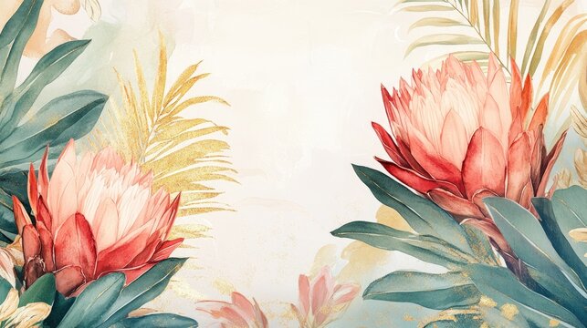 Floral proteas and palm leaves border Watercolor and gold graphic artwork on a light background