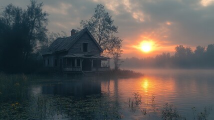 Fototapeta premium A serene lakeside scene with a rustic house at sunset.