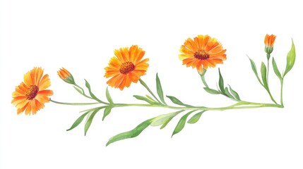 Fototapeta premium Illustration of an orange calendula officinalis branch with marigold flowers and leaves created in hand drawn watercolor on a white background
