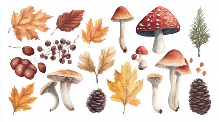 Hand painted watercolor collection of autumn elements featuring leaves hawthorn cones ginkgo and mushrooms