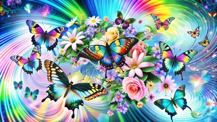 Fototapeta premium Vibrant abstract multi-colored butterflies and blooming flowers swirling together in a mesmerizing dance, creating a stunning background design that celebrates the beauty of nature.