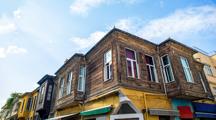 characteristic local old wood facade houses in the old town in istanbul