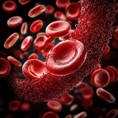 Fototapeta premium Microscopic view of red blood cells in bloodstream A highly detailed, microscopic view of red blood cells flowing through a bloodstream, highlighting the intricacies of human biology and medical 