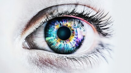 Hyper-Realistic Human Eye Anatomy with Holographic Iris on White Background in 32K Resolution, Mixed Media Artwork, Generative Ai 