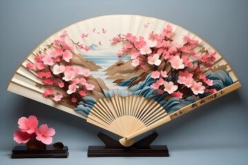 Traditional Japanese Folding Fan in Bloom" Prompt: "A traditional Japanese folding fan set against a serene backdrop, painted with delicate cherry blossoms in full bloom. The fan is partially open, sh