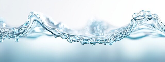  Close-up of a water wave against a white backdrop, featuring a blue sky and a few droplets trickling down from the wave's peak