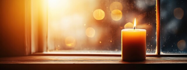 A gentle breeze through an open church window, softly moving the candle flames during a quiet prayer service in honor of the Virgin Mary