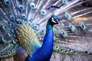 Obraz premium Vibrant blue and yellow peacock proudly displays majestic plumage, fanned out tail feathers shimmering in sunlight, head held high in regal confidence.
