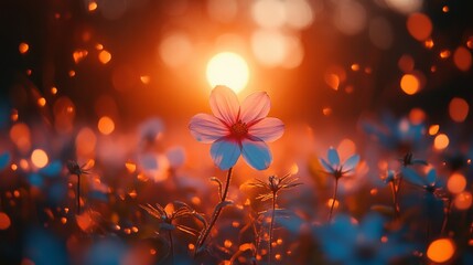 Vibrant sunset illuminating a field of wildflowers at dusk in autumn