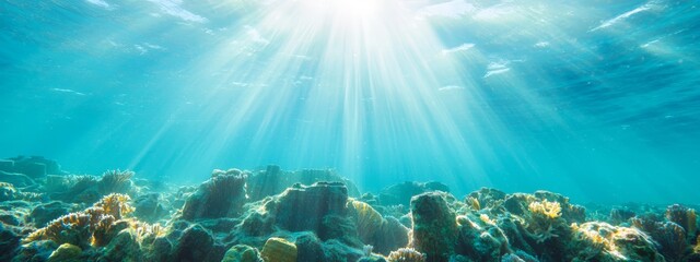 Naklejka premium An underwater view of a coral reef with sunlight streaming through the water's surface (Repeating water's surface is redundant, so I removed it
