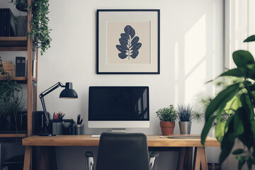mockup mid-century hanging a framed print in a small business office with modern minimalist interior 