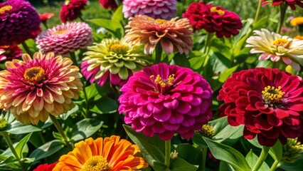 Vibrant zinnias in a kaleidoscope of colors overflow a lush flower bed, showcasing their delicate petals and slender stems in a beautiful summer display.
