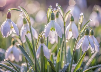 Fototapeta premium Delicate snowdrop petals unfurl, shimmering with dew, as gentle spring sunlight casts a warm glow on the intricate white blooms amidst lush green foliage.