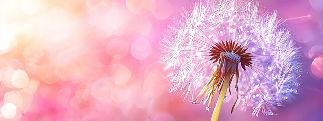 Obraz premium A dandelion, with its yellow and white petals, is framed against a backdrop of pink and yellow bokeh The background is deliberately out