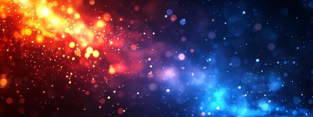 Fototapeta premium A vague image features an indistinct background and lights in shades of blue, red, yellow, and orange emanating from it