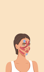 Kinesiology facial taping technique, facial tapes, woman with facial tapes, face lift, self care, vector template with place for text for advertising, website, banner, posters